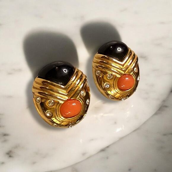 VTG Joan Rivers Earrings Womens Gold Tone Black Enamel Orange Cabochon Clip On - Picture 1 of 5